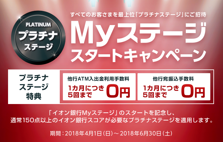 すべてのお客さまを最上位「プラチナステージ」にご招待 Myステージキャンペーン プラチナステージ特典：他行ATM入出金利手数料1カ月につき5回まで0円／他行宛振込手数料1カ月につき5回まで0円 「イオン銀行Myステージ」のスタートを記念し、通常150点以上のイオン銀行スコアが必要なプラチナステージを適用します。期間：2018年4月1日（日）～2018年6月30日（土）