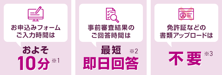 お申込みフォームご入力時間はおよそ10分※1 事前審査結果のご回答時間は最短即日回答※2 免許証などの書類アップロードは不要※3