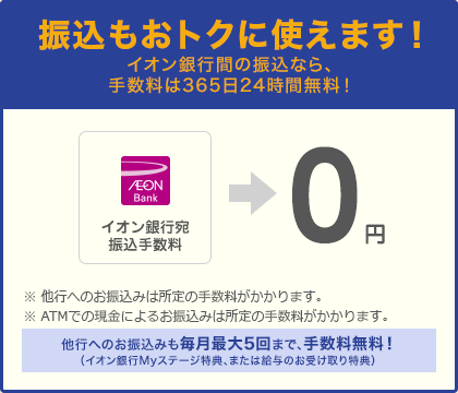 振込もおトクに使えます！イオン銀行間の振込なら、手数料は365日24時間無料！イオン銀行宛振込手数料0円 ※他行へのお振込みは所定の手数料がかかります。※ATMでの現金によるお振込みは所定の手数料がかかります。他行へのお振込みも毎月最大5回まで、手数料無料！（イオン銀行Myステージ特典、または給与のお受け取り特典）