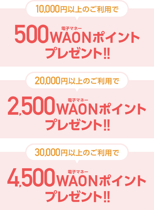 10,000円以上のご利用で500電子マネーWAONポイントプレゼント！！ 20,000円以上のご利用で2,500電子マネーWAONポイントプレゼント！！ 30,000円以上のご利用で4,500電子マネーWAONポイントプレゼント！！