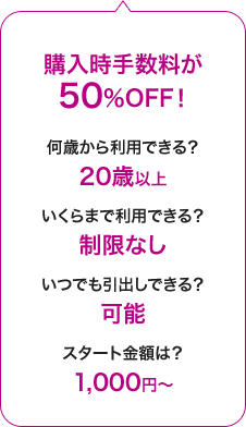 購入時手数料が50％OFF！何歳から利用できる？20歳以上。いくらまで利用できる？制限なし。いつでも引出しできる？可能。スタート金額は？1,000円から。