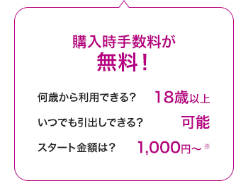 購入時手数料が無料！何歳から利用できる？20歳以上。いくらまで利用できる？制限なし。いつでも引出しできる？可能。スタート金額は？1,000円から。※