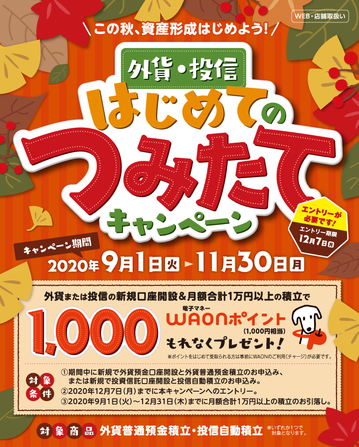 この秋、資産形成はじめよう！外貨・投信はじめてのつみたてキャンペーン。キャンペーン期間2020年9月1日（火）から11月30日（月）本キャンペーンはエントリーが必要です！エントリー期限12月7日（月）。外貨または投信の新規口座開設＆月額合計1万円以上の積立で1,000電子マネーWAONポイント（1,000円相当）もれなくプレゼント！※ポイントをはじめて受取られる方は事前にWAONのご利用（チャージ）が必要です。対象条件：条件1 期間中に新規で外貨預金口座開設と外貨普通預金積立のお申込み、または新規で投資信託口座開設と投信自動積立のお申込み。条件2 2020年12月7日（月）までに本キャンペーンへのエントリー。条件3 2020年9月1日（火）から12月31日（木）までに月額合計1万円以上の積立のお引落し。対象商品：外貨普通預金積立・投信自動積立※いずれか1つで対象となります。WEB・店頭取扱い