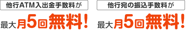 他行ATM入出金手数料が最大月5回無料 他行宛の振込手数料が最大月5回無料