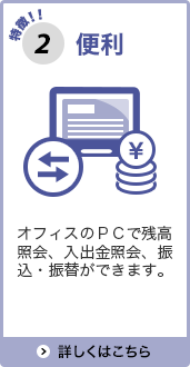 特徴2便利 オフィスのＰＣで残高照会、入出金照会、振込・振替ができます。