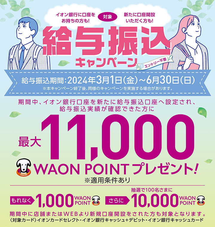 イオン銀行に口座をお持ちの方も！ 対象 新たに口座開設いただく方も！ 給与振込キャンペーン エントリー不要 給与振込期間：2024年3月1日（金）～6月30日（日） ※本キャンペーン終了後、同様のキャンペーンを実施する場合があります。 期間中、イオン銀行口座を新たに給与振込口座へ設定され、給与振込実績が確認できた方に最大11,000WAON POINTプレゼント！ ※適用条件あり もれなく1,000WAON POINT さらに抽選で100名さまに10,000WAON POINT 期間中に店舗またはWEBより新規口座開設をされた方も対象となります。 ＜対象カード＞イオンカードセレクト・イオン銀行キャッシュ＋デビット・イオン銀行キャッシュカード