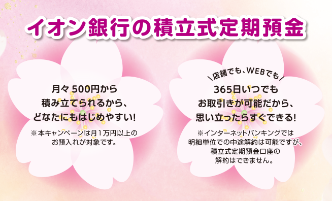 イオン銀行の積立式定期預金 月々500円から積み立てられるから、どなたにもはじめやすい!※本キャンペーンは月1万円以上のお預入れが対象です。 \店舗でも、WEBでも/365日いつでもお取引きが可能だから、思い立ったらすぐできる!※インターネットバンキングでは明細単位での中途解約は可能ですが、積立式定期預金口座の解約はできません。
