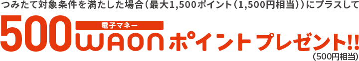 つみたて対象条件を満たした場合（最大1,500ポイント（1,500円相当））にプラスして500電子マネーWAONポイントプレゼント!!（500円相当）