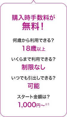 購入時手数料が無料！何歳から利用できる？18歳以上。いくらまで利用できる？制限なし。いつでも引出しできる？可能。スタート金額は？1,000円から。※1