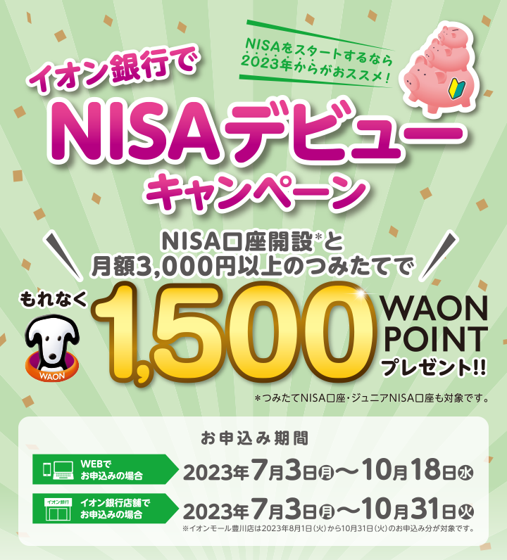 NISAをスタートするなら2023年からがおススメ！ イオン銀行でNISAデビューキャンペーン NISA口座開設＊と月額3,000円以上のつみたてでもれなく1,500WAON POINTプレゼント！＊つみたてNISA口座・ジュニア口座も対象です。 お申込み期間 WEBでお申込みの場合：2023年7月3日（月）～10月18日（水） イオン銀行店舗でお申込みの場合：2023年7月３日（月）～10月31日（火） ※イオンモール豊川店は2023年8月1日（火）から10月31日（火）のお申込み分が対象です。