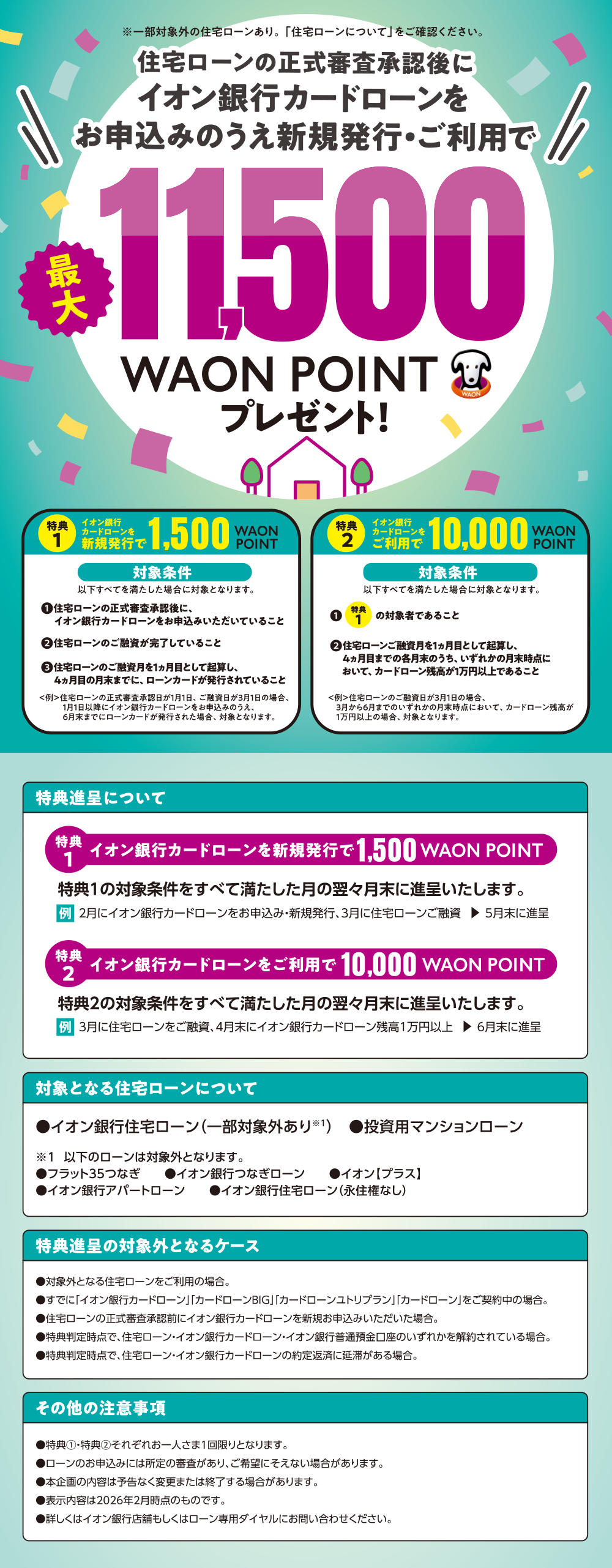 ※一部対象外の住宅ローンあり。「住宅ローンについて」をご確認ください。 ＼住宅ローンの正式審査承認後にイオン銀行カードローンをお申込みのうえ新規発行・ご利用で／最大11,500WAON POINTプレゼント！ 特典1 イオン銀行カードローンを新規発行で1,500WAON POINT 対象条件 以下すべてを満たした場合に対象となります。 1住宅ローンの正式審査承認後に、イオン銀行カードローンをお申込みいただいていること 2住宅ローンのご融資が完了していること 3住宅ローンのご融資月を1ヵ月目として起算し、4ヵ月目の月末までに、ローンカードが発行されていること ＜例＞住宅ローンの正式審査承認日が1月1日、ご融資日が3月1日の場合、1月1日以降にイオン銀行カードローンをお申込みのうえ、6月末までにローンカードが発行された場合、対象となります。 特典2 イオン銀行カードローンをご利用で 10,000WAON POINT 対象条件 以下すべてを満たした場合に対象となります。 1特典1の対象者であること 2住宅ローンご融資月を1ヵ月目として起算し、4ヵ月目までの各月末のうち、いずれかの月末時点において、カードローン残高が1万円以上であること ＜例＞住宅ローンのご融資日が3月1日の場合、3月から6月までのいずれかの月末時点において、カードローン残高が1万円以上の場合、対象となります。 特典進呈について 特典1 イオン銀行カードローンを新規発行で1,500WAON POINT 特典1の対象条件をすべて満たした月の翌々月末に進呈いたします。 例 2月にイオン銀行カードローンをお申込み・新規発行、3月に住宅ローンご融資▶5月末に進呈 特典2 イオン銀行カードローンをご利用で10,000WAON POINT 特典2の対象条件をすべて満たした月の翌々月末に進呈いたします。 例 3月に住宅ローンをご融資、4月末にイオン銀行カードローン残高1万円以上▶6月末に進呈 対象となる住宅ローンについて ●イオン銀行住宅ローン（一部対象外あり※1） ●投資用マンションローン ※1 以下のローンは対象外となります。 ●フラット35つなぎ ●イオン銀行つなぎローン ●イオン【プラス】 ●イオン銀行アパートローン ●イオン銀行住宅ローン（永住権なし） 特典進呈の対象外となるケース ●対象外となる住宅ローンをご利用の場合。 ●すでに「イオン銀行カードローン」「カードローンBIG」「カードローンユトリプラン」「カードローン」をご契約中の場合。 ●住宅ローンの正式審査承認前にイオン銀行カードローンを新規お申込みいただいた場合。 ●特典判定時点で、住宅ローン・イオン銀行カードローン・イオン銀行普通預金口座のいずれかを解約されている場合。 ●特典判定時点で、住宅ローン・イオン銀行カードローンの約定返済に延滞がある場合。 その他の注意事項 ●特典①・特典②それぞれお一人さま1回限りとなります。 ●ローンのお申込みには所定の審査があり、ご希望にそえない場合があります。 ●本企画の内容は予告なく変更または終了する場合があります。 ●表示内容は2026年2月時点のものです。 ●詳しくはイオン銀行店舗もしくはローン専用ダイヤルにお問い合わせください。