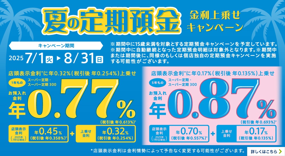 夏の定期預金 金利上乗せキャンペーンキャンペーン 期間20257/1（火）～8/31（日）※期間中に15歳未満を対象とする定期預金キャンペーンを予定しています。※期間中に自動継続となった定期預金明細は対象外となります。※期間中または期間後に、同様のもしくは個店独自の定期預金キャンペーンを実施する可能性がございます。 詳しくはこちら