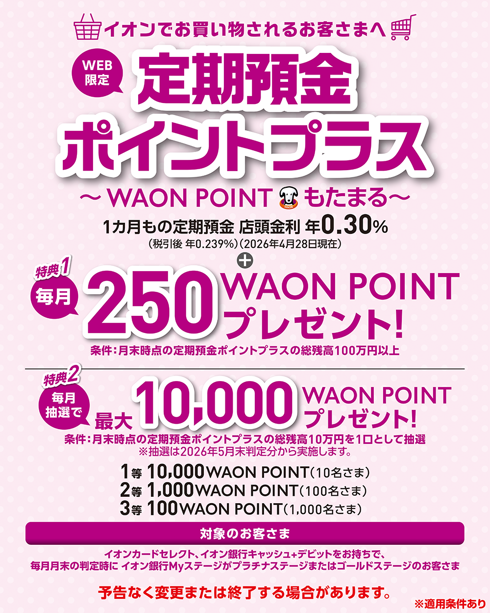 イオンでお買い物されるお客さまへ WEB限定定期預金ポイントプラス ～WAON POINTもたまる～ 特典1毎月250WAON POINTプレゼント！ 条件：月末時点の定期預金ポイントプラスの総残高100万円以上 特典2毎月抽選で最大10,000WAON POINTプレゼント！条件：月末時点の定期預金ポイントプラスの総残高10万円以上を1口として抽選 ※抽選は2026年5月末判定分から実施します。 1等10,000WAON POINT（10名さま） 2等1,000WAON POINT（100名さま） 3等100WAON POINT（1,000名さま） 対象のお客さまイオンカードセレクト、イオン銀行キャッシュ＋デビットをお持ちで、毎月月末の判定時にイオン銀行Myステージがプラチナステージまたはゴールドステージのお客さま 予告なく変更または終了する場合があります ※適用条件あり
