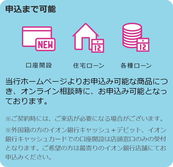 口座開設 住宅ローン 各種ローン 申込まで可能 当行ホームページよりお申込み可能な商品につき、オンライン相談時に、お申込み可能となっております。 ※ご契約時には、ご来店が必要になる場合がございます。 ※外国籍の方のイオン銀行キャッシュ＋デビット、イオン銀行キャッシュカードでの口座開設は店頭窓口のみの受付となります。ご希望の方は最寄りのイオン銀行店舗にてお申込みください。