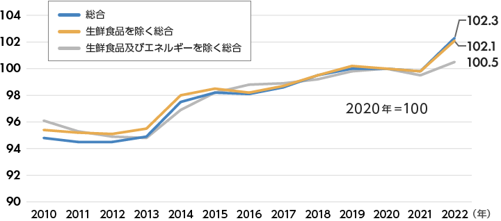 2020年 総合102.3、生鮮食品を除く総合102.1、生鮮食品及びエネルギーを除く総合100.5