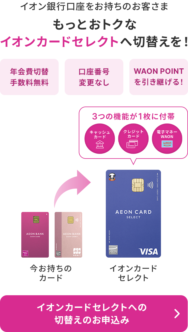 イオン銀行口座をお持ちのお客さま もっとおトクなイオンカードセレクトへ切替えを！年会費切替手数料無料 口座番号変更なし WAON POINTを引き継げる！3つの機能が1枚に付帯 キャッシュカード クレジットカード 電子マネーWAON イオンカードセレクトへの切替えのお申込み