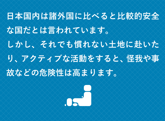 日本国内は諸外国に比べると比較的安全な国だとは言われています。しかし、それでも慣れない土地に赴いたり、アクティブな活動をすると、怪我や事故などの危険性は高まります。