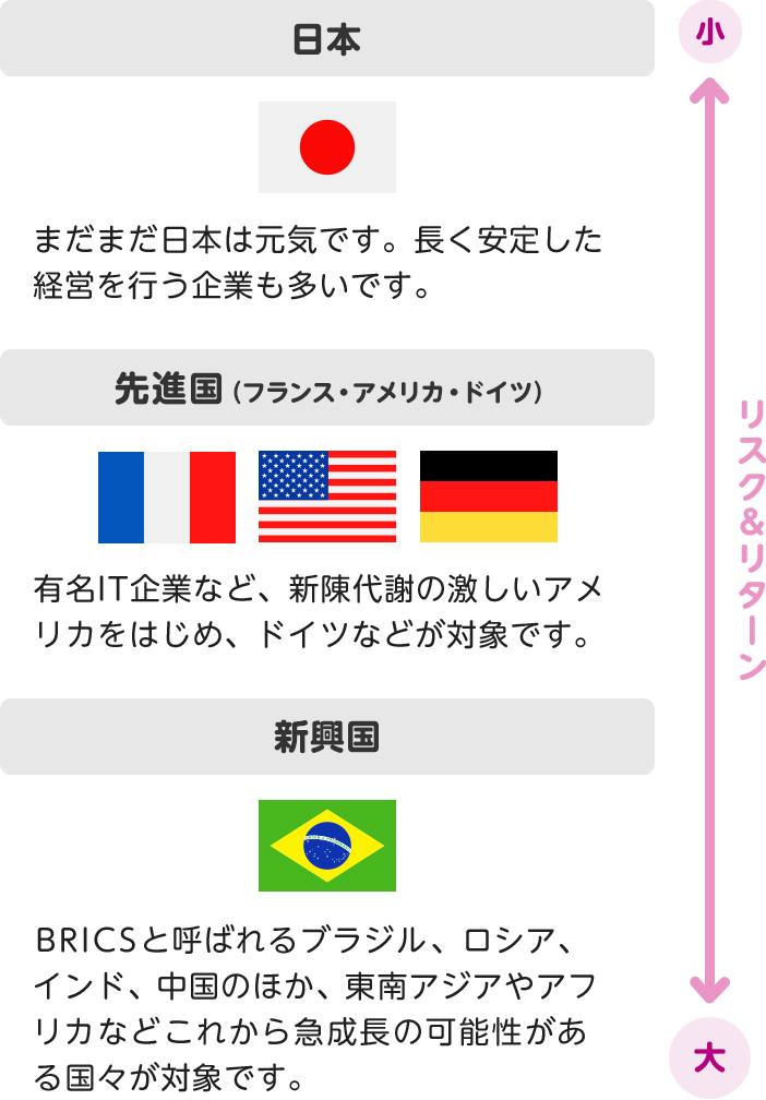 日本（リスク小）まだまだ日本は元気です。長く安定した経営を行う企業も多いです。先進国 （リスク中。フランス・アメリカ・ドイツ）有名IT企業など、新陳代謝の激しいアメリカをはじめ、ドイツなどが対象です。新興国（リスク大）BRICSと呼ばれるブラジル、ロシア、インド、中国のほか、東南アジアやアフリカなどこれから急成長の可能性がある国々が対象です。