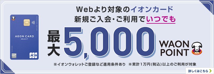 Webより対象のイオンカード新規ご入会・ご利用でいつでも最大5,000WAON POINT ※イオンウォレットご登録など適用条件あり ※累計1万円（税込）以上のご利用が対象 詳しくはこちら