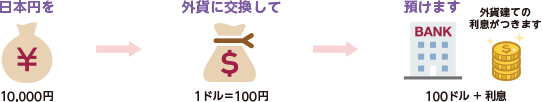 日本円（10,000円）を外貨（1ドル=100円）に交換して預けます。外貨建ての利息がつきます（100ドル＋利息）