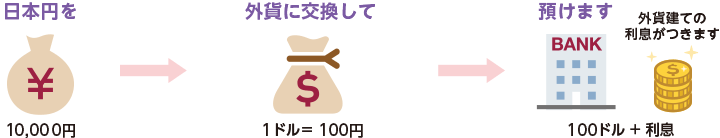 日本円10000円を1ドル100円の外貨に交換して預け入れると、外貨建ての利息がつきます。