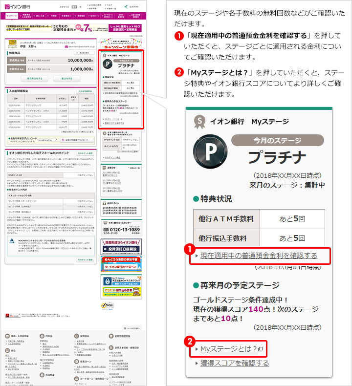 現在のステージや各手数料の無料回数などがご確認いただけます。1「Myステージとは？」を押していただくと、ステージ特典やイオン銀行スコアについてより詳しくご確認いただけます。2「現在適用中の普通預金金利を確認する」を押していただくと、ステージごとに適用される金利についてご確認いただけます。