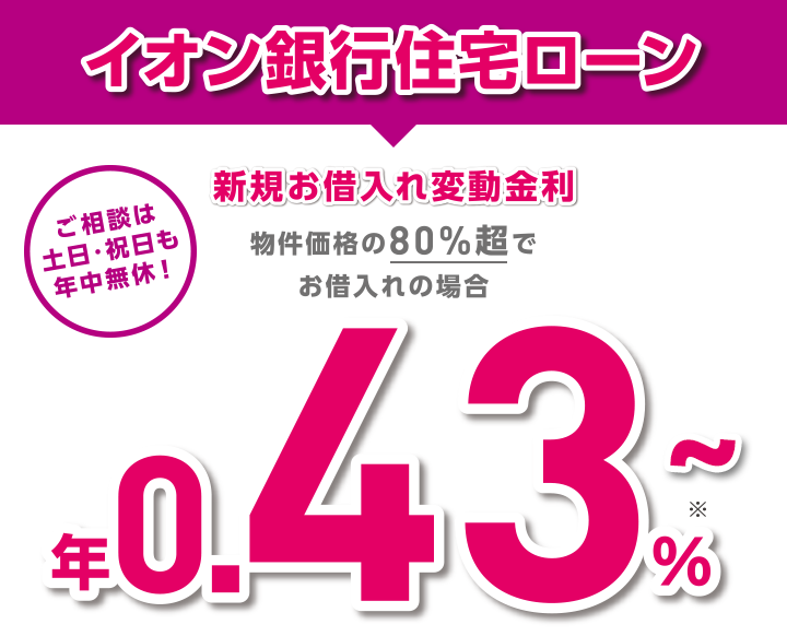 初めてのマイホームをご検討の方に！ イオン銀行 住宅ローン 新規お借入れ変動金利 物件価格の80%超でお借入れの場合は 年利率0.43%※1 イオングループでのお買物が毎日5％OFFになるっておトク！ イオンセレクトクラブ入会金・年会費無料 ※一部対象外店舗・商品がございます。 店舗でもオンラインでも！ご相談からご契約までOK！ 365日年中無休