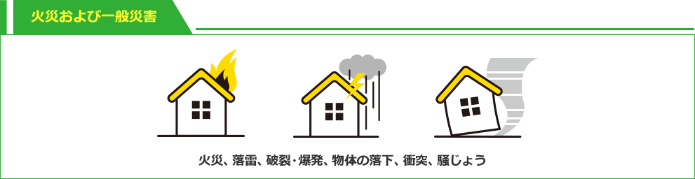 火災および一般災害 火災、落雷、破裂・爆発、物体の落下、衝突、騒じょう