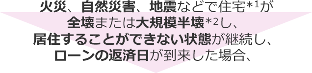 火災、自然災害、地震などで住宅*1が全壊または大規模半壊*2し、居住することができない状態が継続し、ローンの返済日が到来した場合、