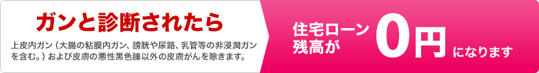 ガンと
診断されたら 上皮内ガン(大腸の粘膜内ガン、膀胱や尿路、乳管等の非浸潤ガンを含む。)および皮膚の悪性黒色腫以外の皮膚がんを除きます。住宅ローン残高が0円になります