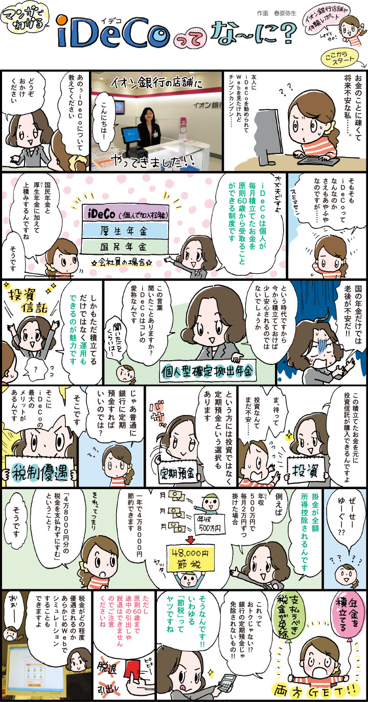 マンガでわかる iDeCoってな～に？ 作画　春原弥生 イオン銀行店舗で体験レポート Let's go! お金のことに疎くて将来不安な私……。友人にiDeCoを勧められてWebを見たけれどチンプンカンプン……イオン銀行の店舗にやってきました!!「こんにちは!」「あのぅiDeCoについて教えてください」「どうぞおかけください」「そもそもiDeCoってなんなのかさえもあやふやなのですが……スミマセン」「大丈夫ですよ iDeCoは個人が毎月積立てたお金を原則60歳から受け取ることができる制度です」「国民年金と厚生年金※1に加えて上積みするんですね」「そうです」「国の年金だけでは老後が不安だ!!という時代ですから今から積立てておけば少し安心されるのではないでしょうか 個人型確定拠出年金 この言葉聞いたことありますか？iDeCoはコレの愛称なんです」「聞いたことくらいは…」「しかもただ積立てるだけではなく運用もできるのが魅力です この積立てたお金を元に投資信託が購入できるんですよ」「ま、待って 投資なんてまだ不安……」「という方には投資ではなく定期預金という選択もあります」「じゃあ普通に銀行に定期預金すればいいのでは？」「そこです そこにiDeCoの最大のメリットがあるんです」「ぜーせーゆーぐー？？」「掛金が全額所得控除されるんです 例えば年収500万円※2で毎月2万円ずつ掛けた場合一年で4万8000円節約できます」「それってつまり「4万8000円分の税金を支払わずにすむ」ということ？」「そうです」年金を積立てる 支払うべき税金が免除 両方GET!!「これっておトクじゃない!？銀行の定期預金じゃ免除されないもの!!」「そうなんです!!いわゆる「節税」ってヤツですね ただし原則60歳まで途中の引出しや脱退はできませんのでご注意くださいね 税金がどの程度優遇されるのかあらかじめWebでシミュレーションすることもできますよ」「おおー」