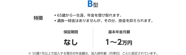 B型の特徴 65歳から一生涯、年金を受け取れます。遺族一時金はありませんが、その分、掛金を抑えられます。保証期間：なし 基本年金月額：1～2万円 ※50歳1月以上で加入する場合の年金額は、加入時年齢（月単位）ごとに設定されています。