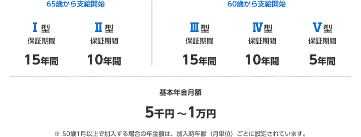 Ⅰ型（保証期間：15年間 65歳から支給開始）Ⅱ型（保証期間：10年間 65歳から支給開始）Ⅲ型（保証期間：15年間 60歳から支給開始）Ⅳ型（保証期間：10年間 60歳から支給開始）Ⅴ型（保証期間：5年間 60歳から支給開始）基本年金月額：5千円～1万円 ※50歳1月以上で加入する場合の年金額は、加入時年齢（月単位）ごとに設定されています。