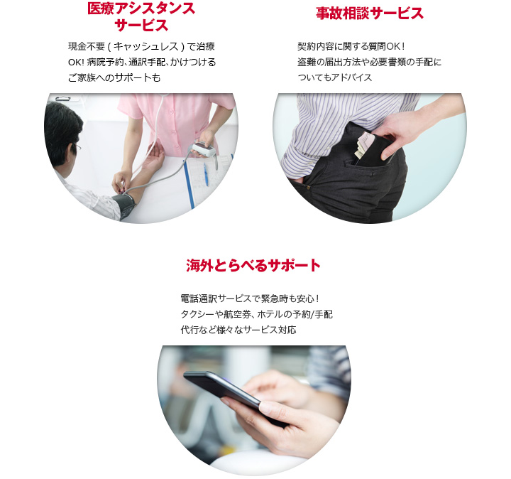 医療アシスタンスサービス 現金不要（キャッシュレス）で治療ok!病院予約、通訳手配、かけつける家族へのサポートも 事故相談サービス 契約内容に関する質問ok!盗難の届出方法や必要書類の手配についてもアドバイス 海外とらべるサポート 電話通訳サービスで緊急時も安心!タクシーや航空券、ホテルの予約/手配代行など様々なサービス対応