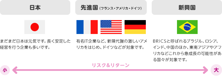 日本（リスク小）まだまだ日本は元気です。長く安定した経営を行う企業も多いです。先進国 （リスク中。フランス・アメリカ・ドイツ）有名IT企業など、新陳代謝の激しいアメリカをはじめ、ドイツなどが対象です。新興国（リスク大）BRICSと呼ばれるブラジル、ロシア、インド、中国のほか、東南アジアやアフリカなどこれから急成長の可能性がある国々が対象です。