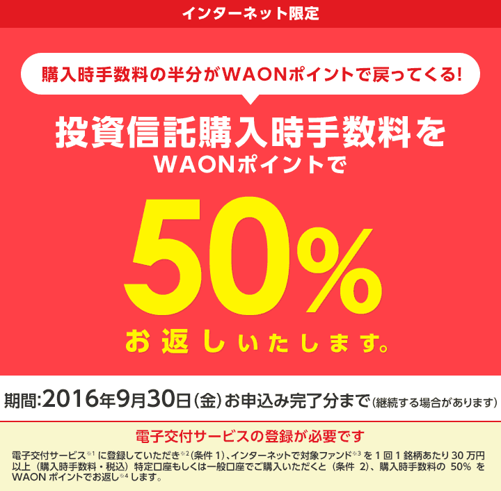 投資信託購入時手数料50 Waonポイントでお返しキャンペーン キャンペーン イオン銀行