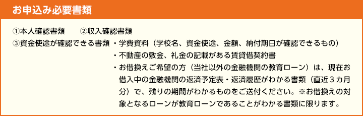 365日いつでも審査できますので、どうぞお気軽にご相談ください！ お借換えご希望の方（当行以外の金融機関の教育ローン）は、現在お借入中の金融機関の返済予定表・返済履歴がわかる書類（直近３カ月分）で、残りの期間がわかるものをご送付ください。※お借換えの対象となるローンが教育ローンであることがわかる書類に限ります。