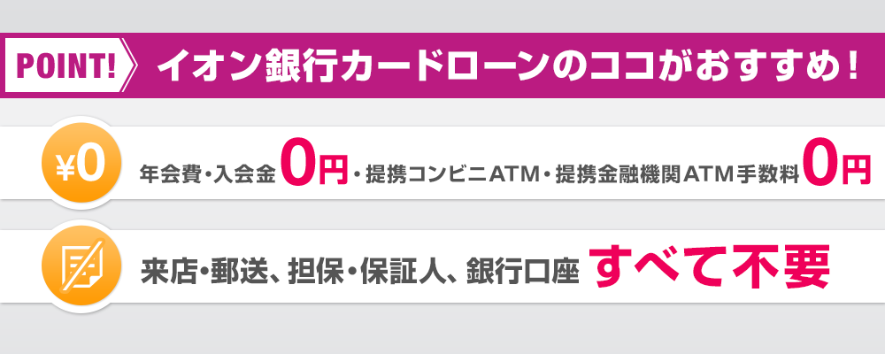 POINT! イオン銀行カードローンのココがおすすめ！ ￥0年会費・入会金0円・提携コンビニATM・提携金融機関ATM手数料0円 来店・郵送、担保・保証人、銀行口座すべて不要