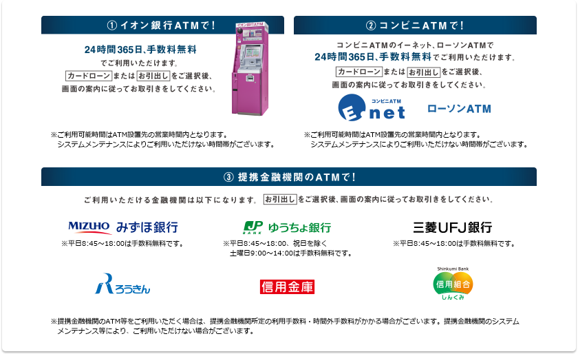 ①イオン銀行ATMで! 24時間365日、手数料無料でご利用いただけます。カードローンまたはお引き出しをご選択後、画面の案内に従ってお取引をしてください。※ご利用可能時間はATM設置先の営業時間となります。システムメンテナンスによりご利用いただけない時間帯がございます。/②コンビニATMで! コンビニATMのイーネット、ローソンATMで24時間365日、手数料無料でご利用いただけます。カードローンまたはお引き出しをご選択後、画面の案内に従ってお取引をしてください。 コンビニATM Enet ローソンATM ※ご利用可能時間はATM設置先の営業時間となります。システムメンテナンスによりご利用いただけない時間帯がございます。/③提携金融機関のATMで! ご利用いただける金融機関は以下になります。お引き出しをご選択後、画面の案内に従ってお取引をしてください。 みずほ銀行※平日8:45~18:00は手数料無料です。 ゆうちょ銀行※平日8:45~18:00、祝日を除く 土曜日9:00~14:00は手数料無料です。 三菱UFJ銀行※平日8:45~18:00は手数料無料です。 ろうきん 信用金庫 信用組合しんくみ ※提携金融機関のATM等をご利用いただく場合は、提携金融機関所定の利用手数料・時間外手数料がかかる場合がございます。提携金融機関のシステムメンテナンス等ぬより、ご利用いただけない場合がございます。