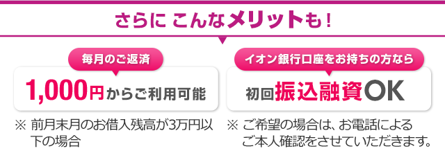 さらにこんなメリットも! 毎月のご返済 1,000円からご利用可能※前月末月のお借入残高が3万円以下の場合 イオン銀行口座をお持ちの方なら 初回振込融資OK※ご希望の場合は、お電話によるご本人確認をさせていただきます。