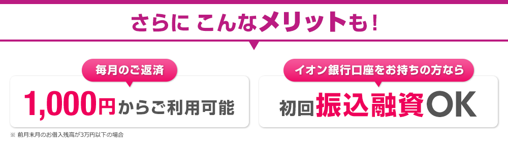 さらにこんなメリットも！ 毎月のご返済 1,000円からご利用可能 イオン銀行口座をお持ちの方なら初回振込融資OK