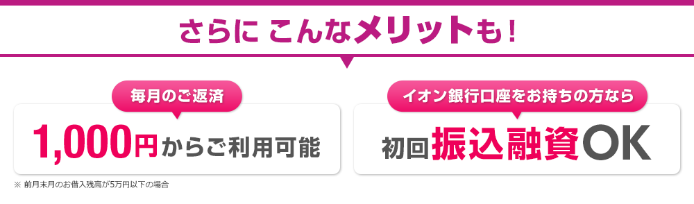 さらにこんなメリットも！ 毎月のご返済 1,000円からご利用可能 ※前月末月のお借入残高が3万円以下の場合 イオン銀行口座をお持ちの方なら初回振込融資OK