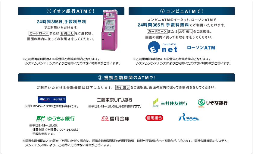 1.イオン銀行ATMで！ 2.コンビニATMで！ 3.提携金融機関のATMで！