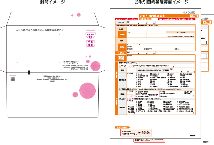 封筒イメージ、お取引目的等確認書イメージ