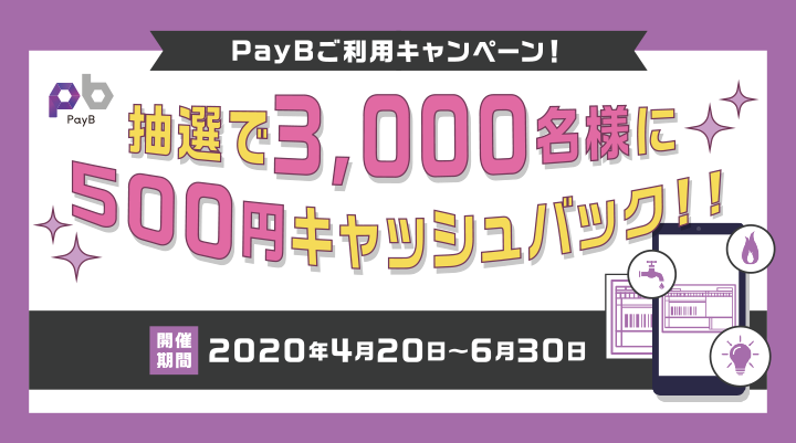 PayBご利用キャンペーン！ 抽選で3000名様に500円キャッシュバック！！ 開催期間2020年4月20日～6月30日