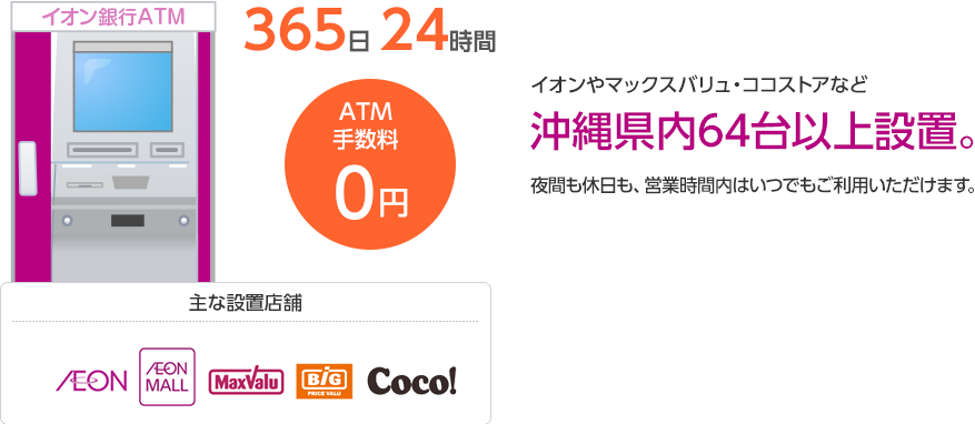 365日24時間 ATM手数料0円 イオン銀行ATMは、沖縄県内64台以上設置。イオン銀行ATMは、イオン、イオンモール、マックスバリュ、ザ・ビッグエクスプレスなどに設置してあります。