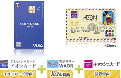 図:イオンカードセレクトは、キャッシュカード・クレジットカード(イオンカード)・電子マネー(WAON)の機能・特典が一体になったカードです。