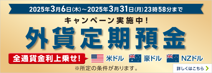 2025年3月6日（木）～2025年3月31日（月）23時58分まで キャンペーン実施中！ 外貨定期預金 全通貨金利上乗せ！ 米ドル 豪ドル NZドル ※所定の条件があります。 詳しくはこちら