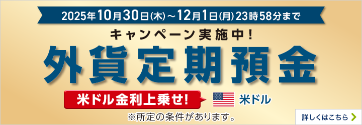 2025年10月30日(木)~12月1日(月)23時58分まで キャンペーン実施中! 外貨定期預金 米ドル金利上乗せ! 米ドル ※所定の条件があります。 詳しくはこちら