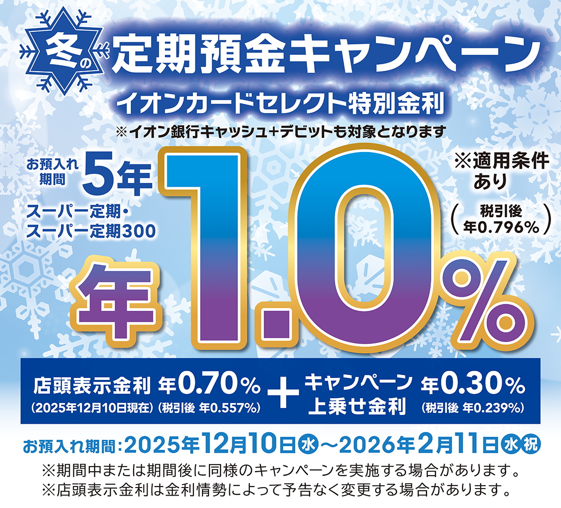 冬の定期預金キャンペーン イオンカードセレクト特別金利 ※イオン銀行キャッシュ+デビットも対象となります お預入れ期間:2025年12月10日(水)~2026年2月11日(水・祝) ※期間中または期間後に同様のキャンペーンを実施する場合があります。 ※店頭表示金利は金利情勢によって予告なく変更する場合があります。